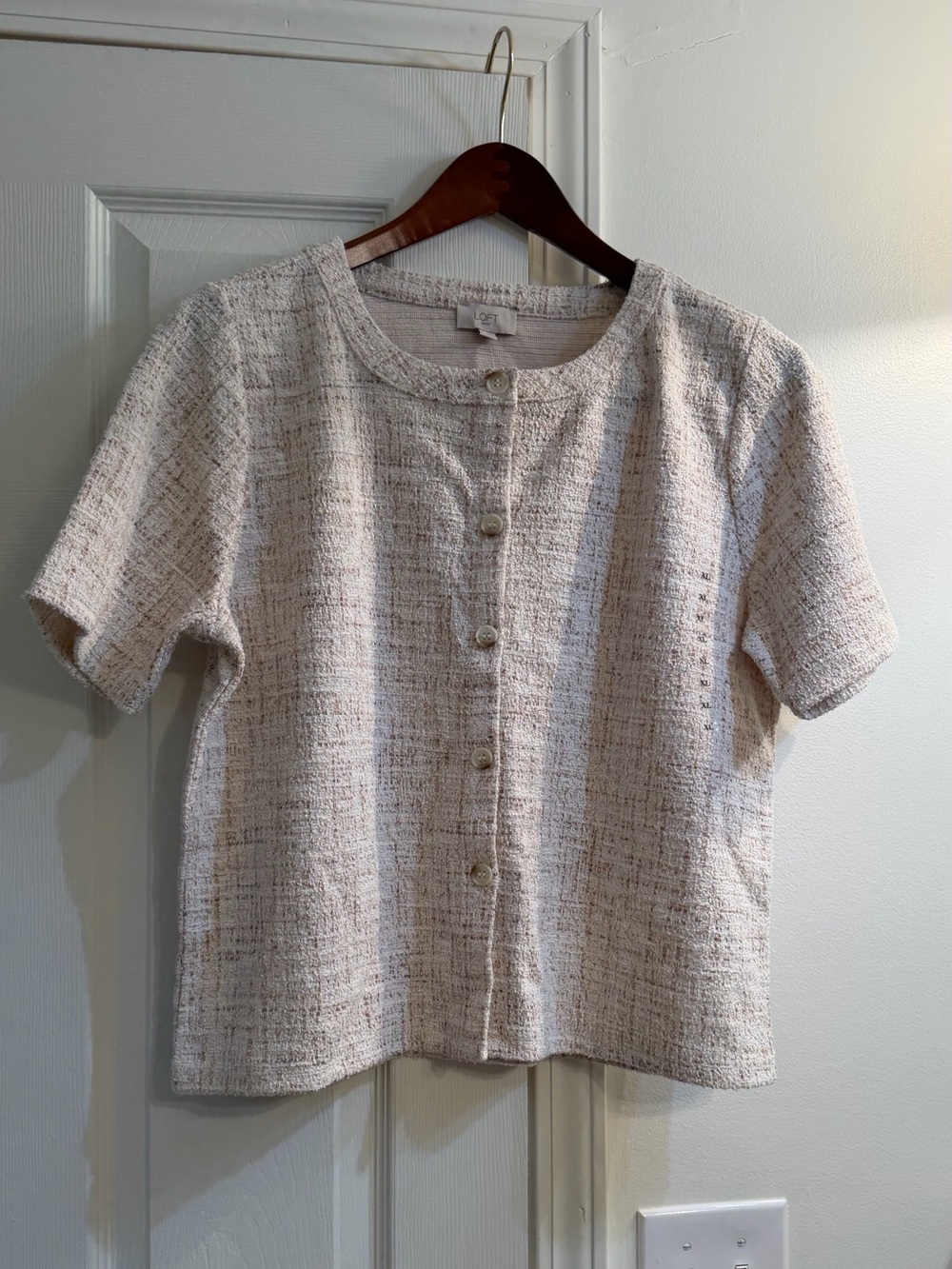 LOFT Cream and Tan Tweed Short Sleeve Button Front Top